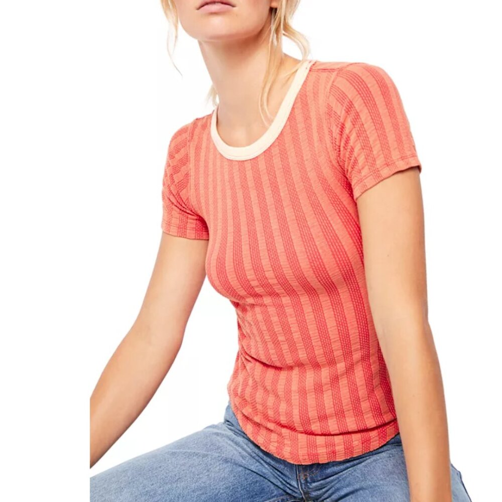 Free People Escape Ribbed T-Shirt - Size: XS Red Orange